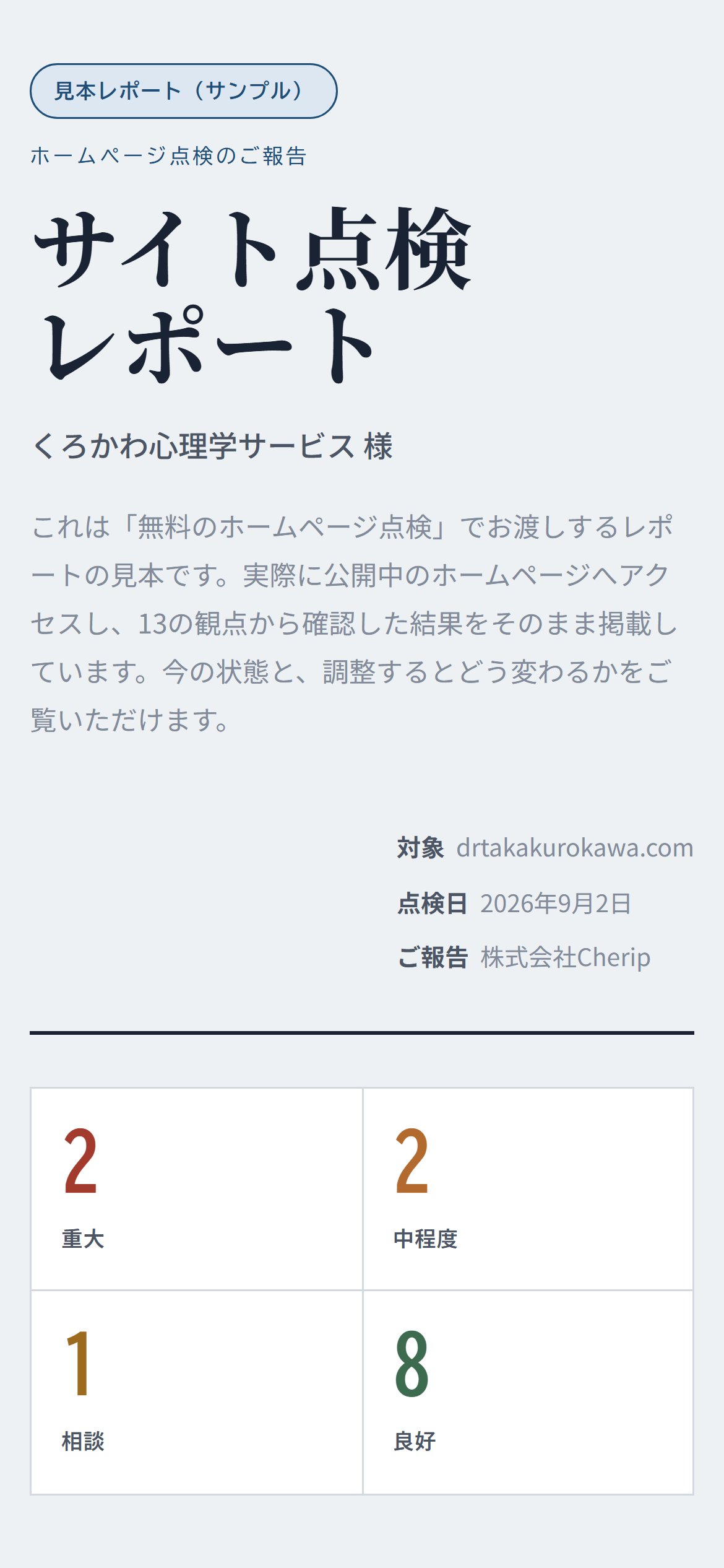実際に点検したホームページのレポート見本（スマホ表示）